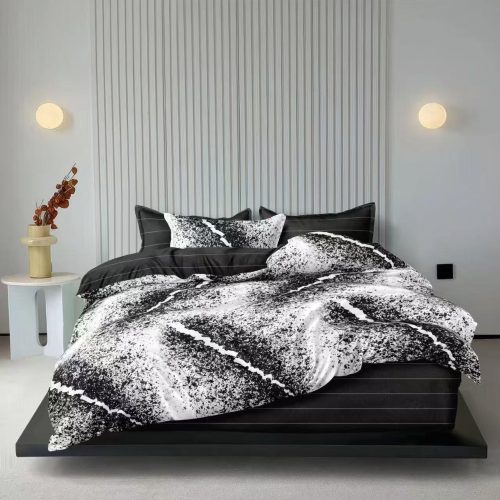 lenjerie de pat bumbac satinat alba cu negru