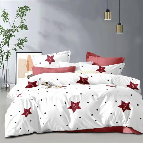 lenjerie de pat bumbac satinat alba cu stelute grena