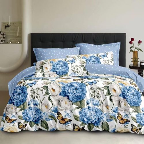 lenjerie de pat bumbac satinat cu trandafiri mari albastrii