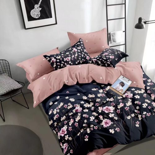 lenjerie de pat bumbac satinat negra cu flori roz