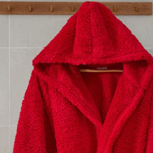 halat de baie wellsoft pufos cu gluga rosu gluga