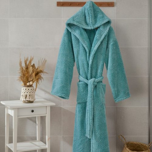 halat de baie wellsoft pufos cu gluga turcoaz