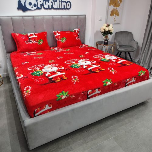 husa de pat cocolino model de craciun rosie cu mos