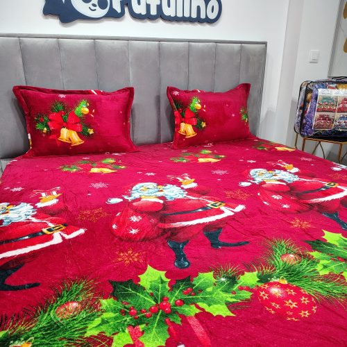 husa de pat cocolino model de craciun rosie cu mos craciun