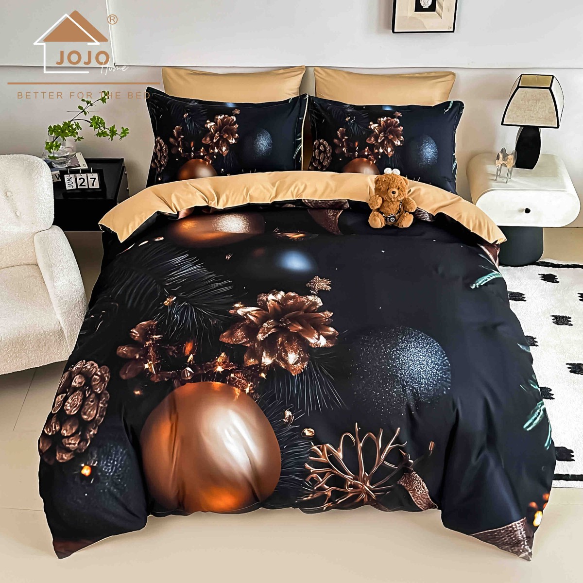 lenjerie craciun neagra cu globuri aurii lenjerie craciun neagra cu globuri aurii