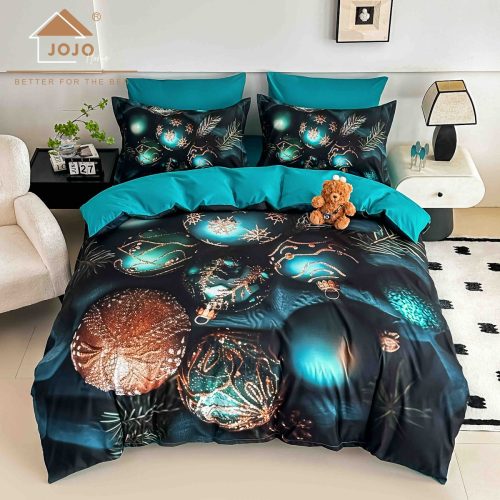 lenjerie craciun turcoaz_verde cu globuri