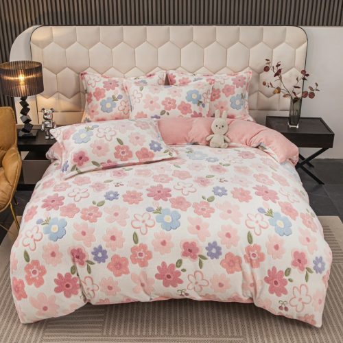 lenjerie de pat cocolino cu elastic alba cu flori roz