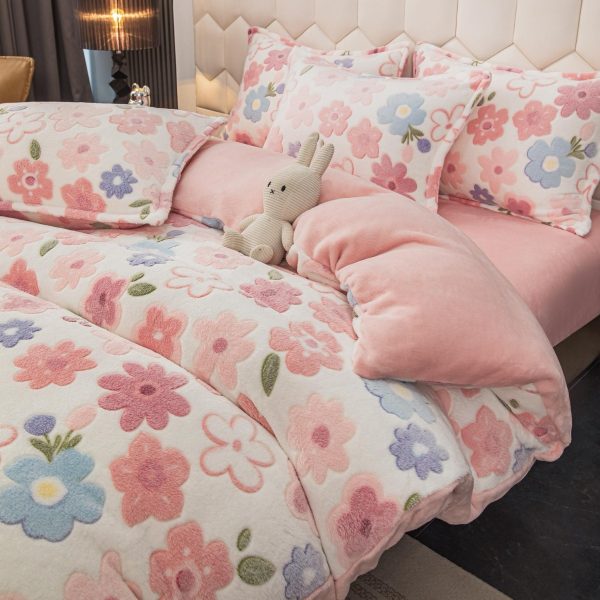 lenjerie de pat cocolino cu elastic alba cu flori roz principal