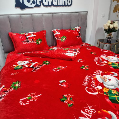 lenjerie de pat cocolino model de craciun rosie cu mos