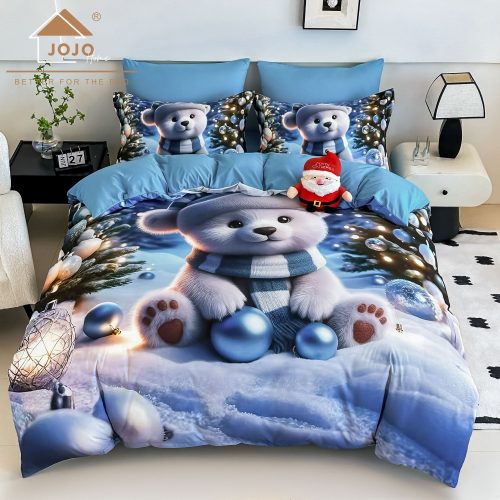 lenjerie de pat finet model de craciun albastra cu ursulet