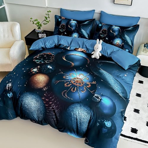 lenjerie de pat finet model de craciun bleumarin cu glubulet