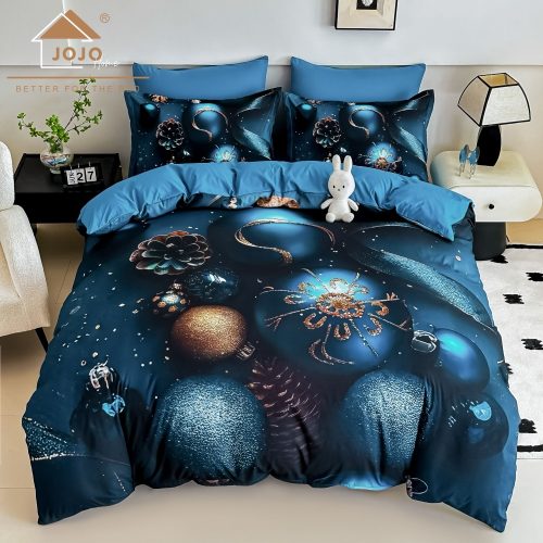 lenjerie de pat finet model de craciun bleumarin cu glubulete