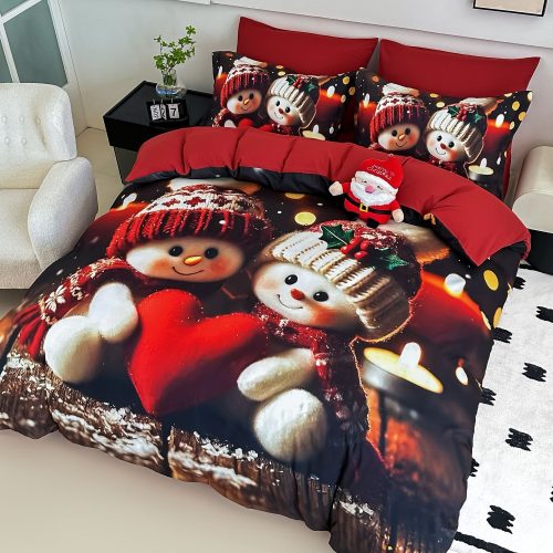 lenjerie de pat finet model de craciun rosie cu inimioare (1)