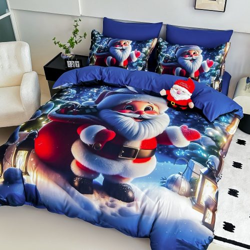 lenjerie de pat finet model de craciun albastra cu mos