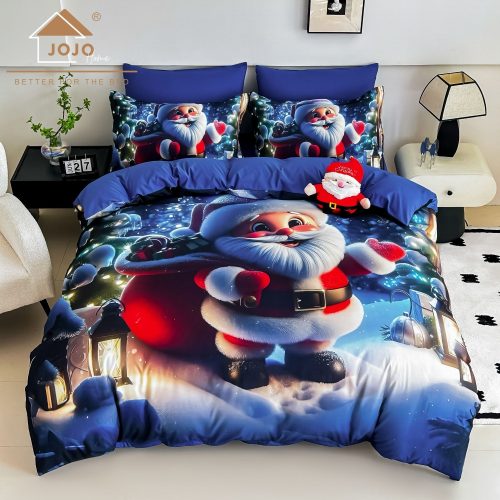 lenjerie de pat finet model de craciunalbastra cu mos