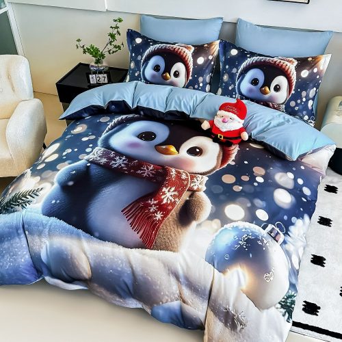 lenjerie de pat model de craciun albastra cu pinguin