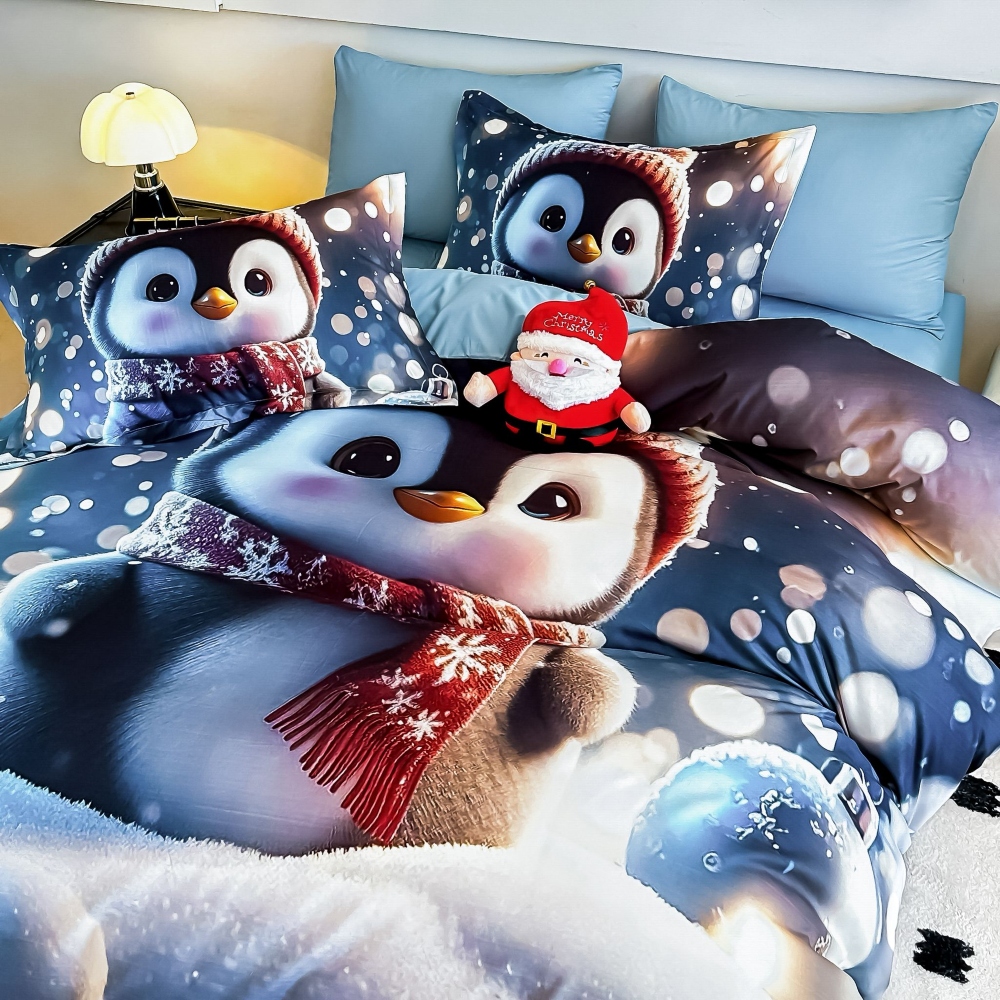 lenjerie de pat model de craciun albastra cu pinguin (2) lenjerie de pat model de craciun albastra cu pinguin