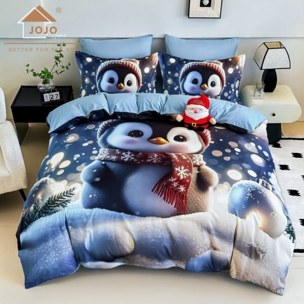 lenjerie de pat model de craciun albastra cu pinguin