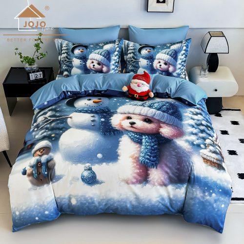 lenjerie de pat model de craciun cu albastra cu catelusi