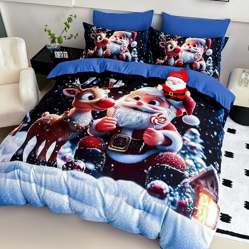 lenjerie de pat model de craciun cu albastra cu reni