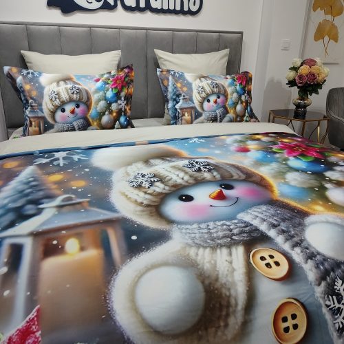 lenjerie de pat model de craciun cu om de zapada