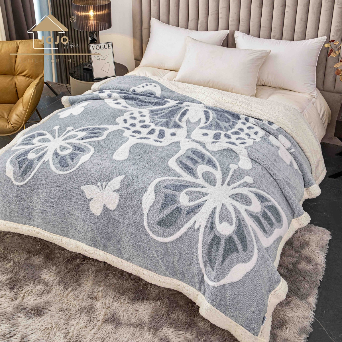 patura cu blanita model 3d fluturi - gri deschis patura cu blanita model 3d fluturi - gri deschis