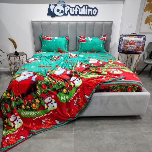 Pachet promo husa de pat si patura cocolino Green Christmas