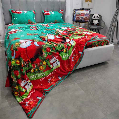 Pachet promo husa de pat si patura cocolino Green Christmas profil