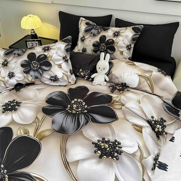 lenjerie de pat imprimare digitala 5d alba cu flori negre si albe (1)