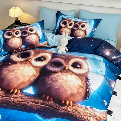 lenjerie de pat imprimare digitala 5d albastra cu bufnite (1)