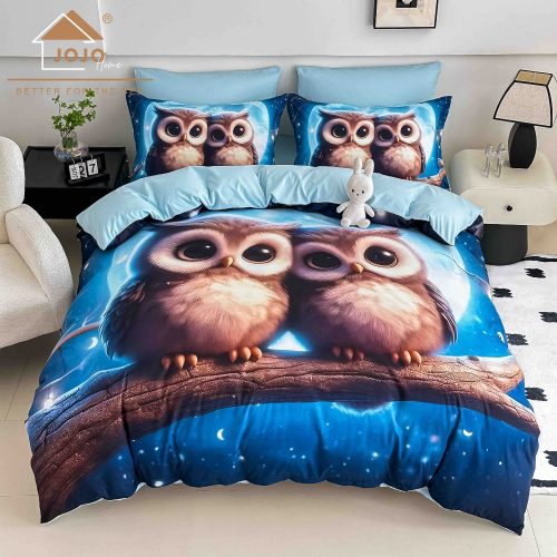lenjerie de pat imprimare digitala 5d albastra cu bufnite
