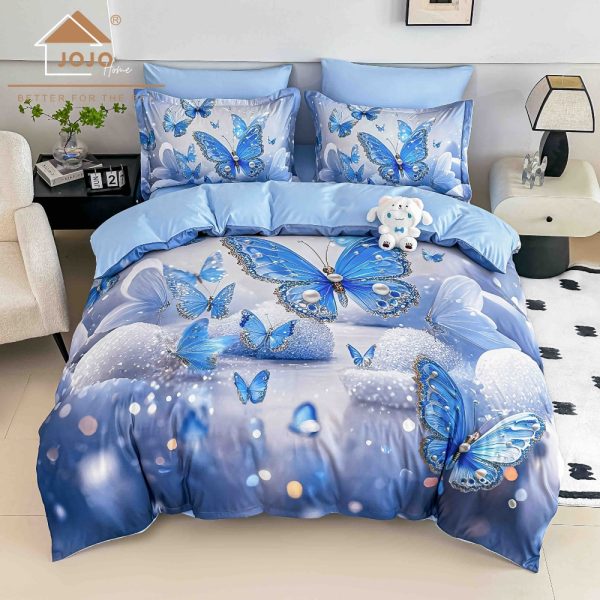 lenjerie de pat imprimare digitala 5d albastra cu fluturi