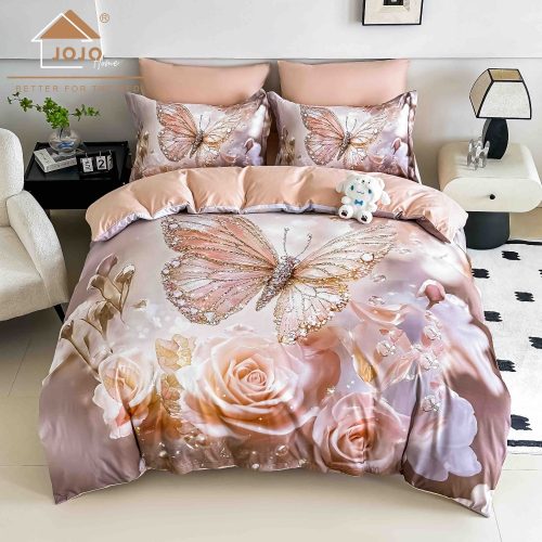 lenjerie de pat imprimare digitala 5d cu fluturi bej
