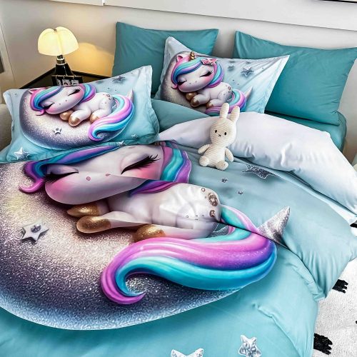 lenjerie de pat imprimare digitala 5d turcoaz cu unicorn (1)