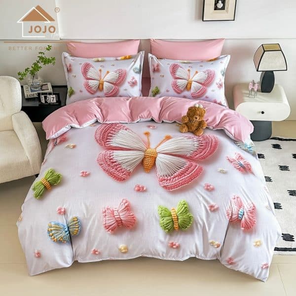 Lenjerie cu elastic 1 persoana fluturi roz