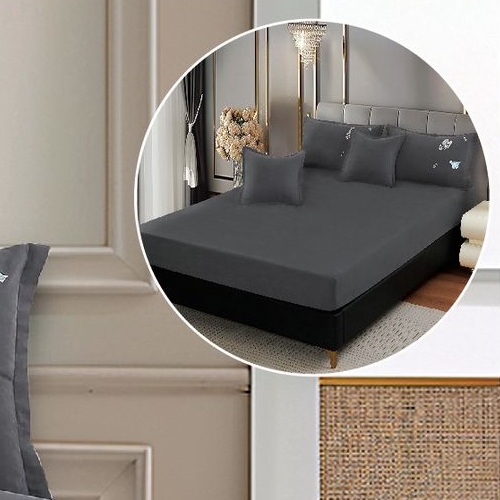 lenjerie uni cu policoton cu fluturi brodati - gri inchis - cearceaf cu elastic