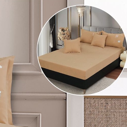 lenjerie uni cu policoton cu fluturi brodati - maro deschis - cearceaf cu elastic