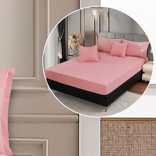 lenjerie uni cu policoton cu fluturi brodati - roz - cearceaf cu elastic