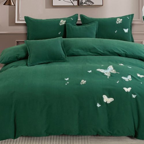lenjerie uni cu policoton cu fluturi brodati - verde inchis