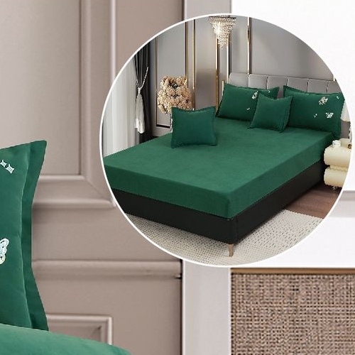 lenjerie uni cu policoton cu fluturi brodati - verde inchis - cearceaf cu elastic