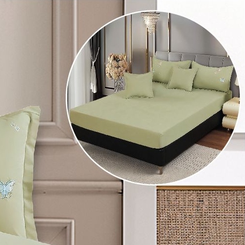 lenjerie uni cu policoton cu fluturi brodati - vernil - cearceaf cu elastic