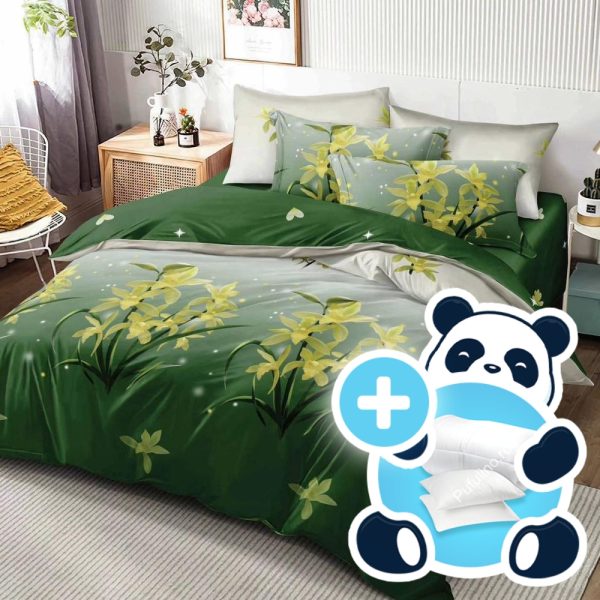 pachet lenjerie verde cu flori galbene