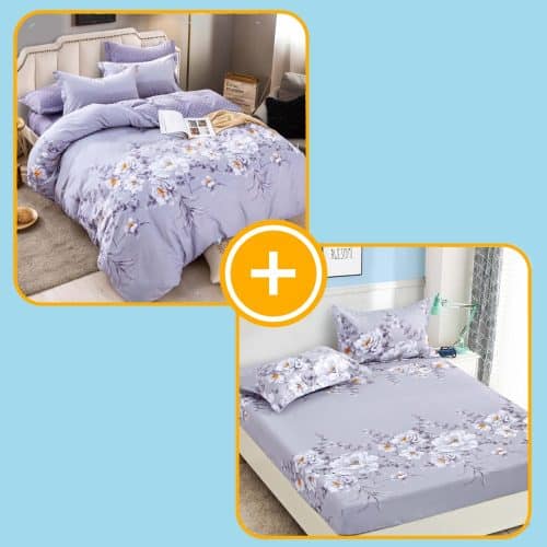 pachet husa si lenjerie cu flori lila