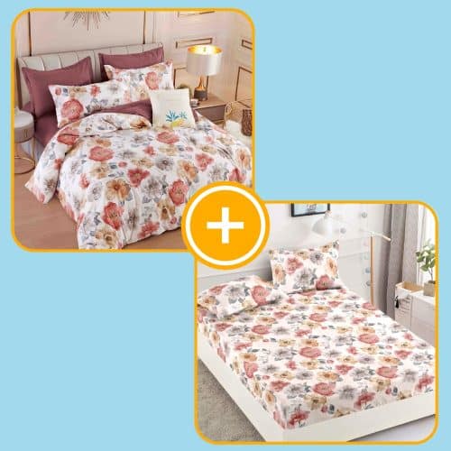 pachet lenjerie si husa cu flori rosii