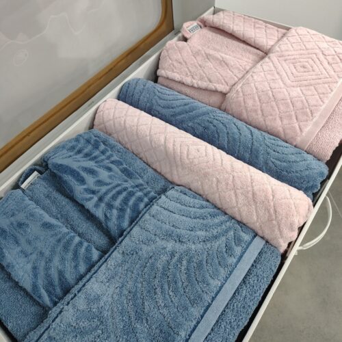 Set halate baie 6 piese roz pudra si bleumarin tesatura