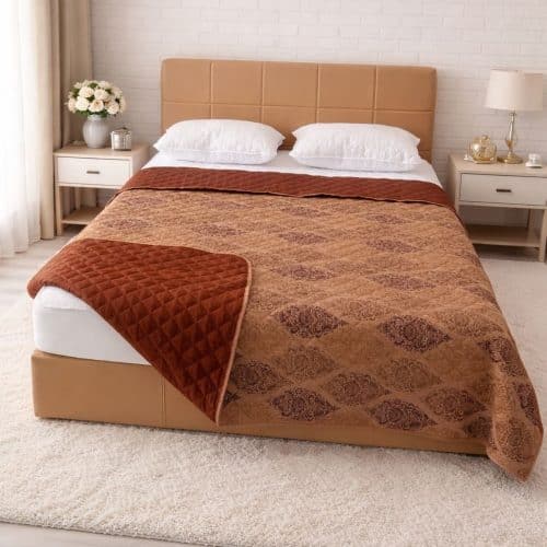 cuvertura de pat bej cu romburi