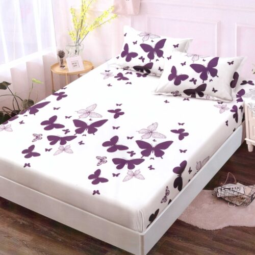 husa de pat finet alba cu fluturi mov