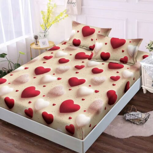 husa de pat material finet bej cu inimioare 3D