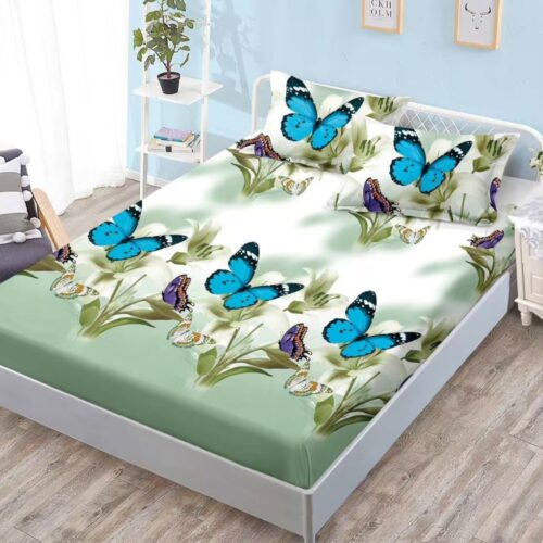 husa de pat material finet verde cu fluturi turcoaz