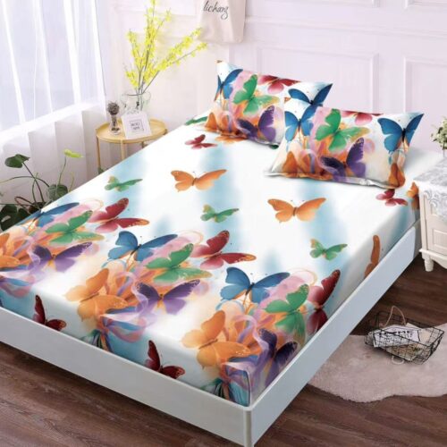 husa de pat material finetcu fluturasi multicolori